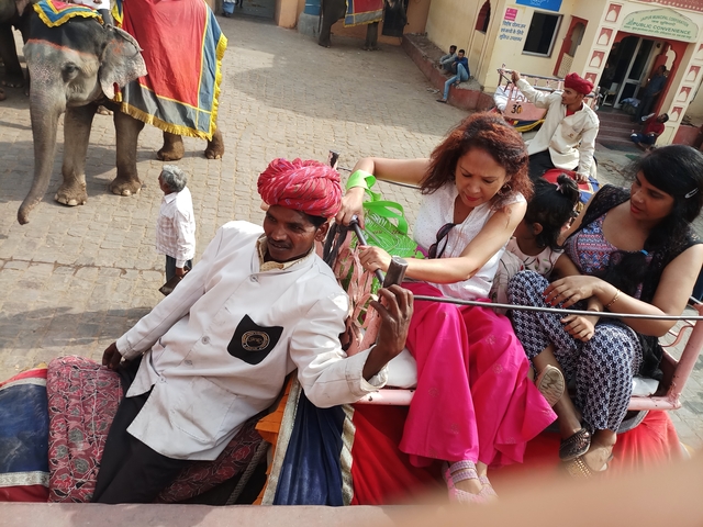 Group of people taking a selfie on an elephant ride.