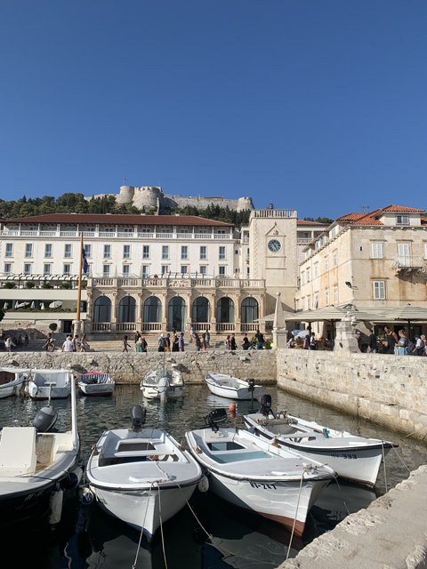       Harbor with boats and a fortress on a hill.
  