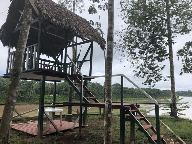 Elevated hut beside a river in a forested area.