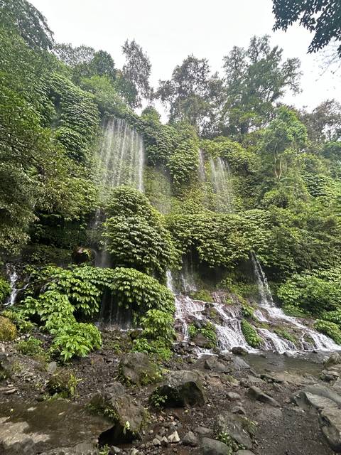 Waterfall with lush green surroundings.