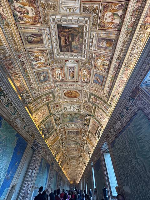       Intricately decorated ceiling with paintings in a gallery.
  