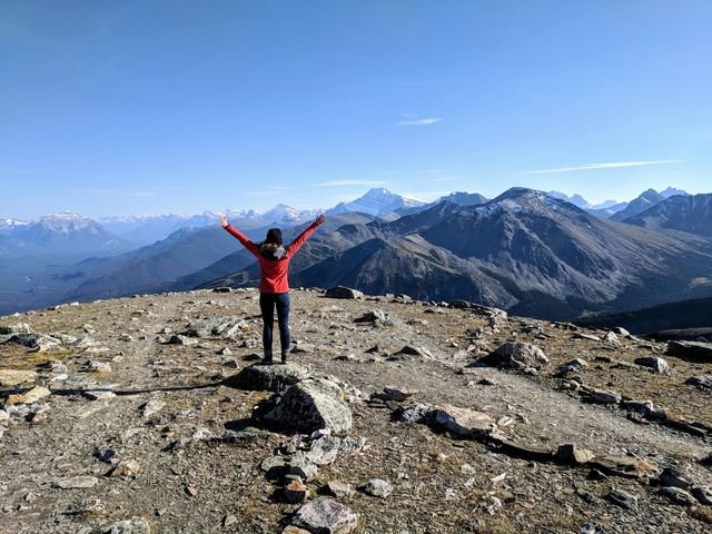 Person standing with arms raised on a mountain summit.