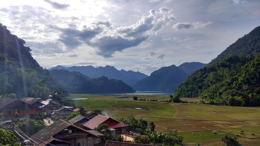 Beautiful landscape with houses and mountains in Vietnam.
