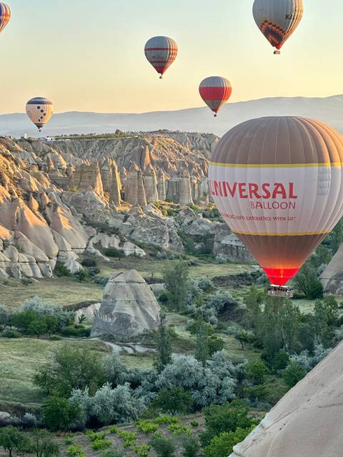       Hot air balloons flying over a rugged landscape.
  