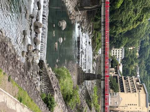       Red bridge over a river with lush surroundings.
  