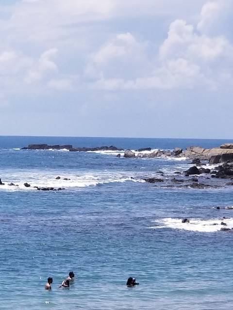 People swimming in the ocean near rocky shore.