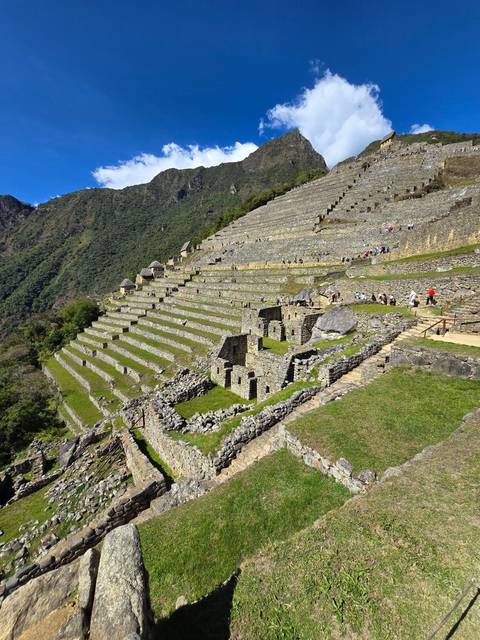       Terrace ruins with green grass and the Andes in the background.
  