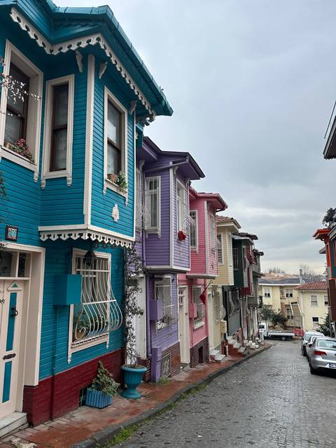 Colorful buildings along a street.