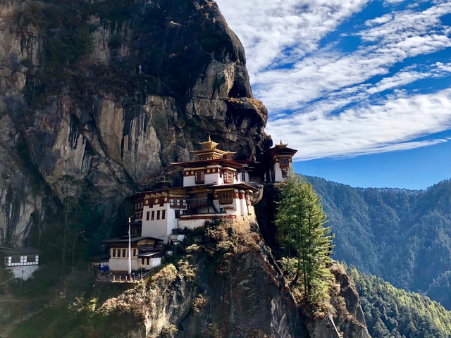 Taktsang Monastery perched on a cliffside in Bhutan.