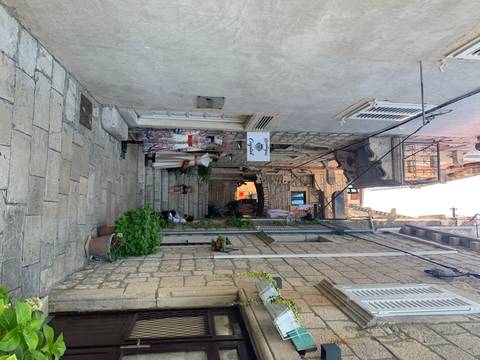 Narrow stone street with plants and signs.
