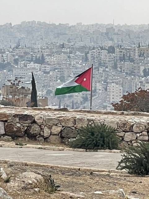       A flag of Jordan set against a city landscape.
  