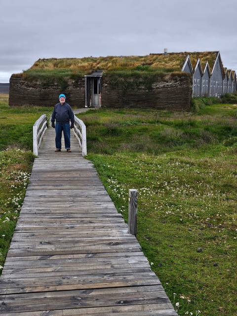 A person walking on a wooden pathway near a grassy area with traditional Icelandic structures.