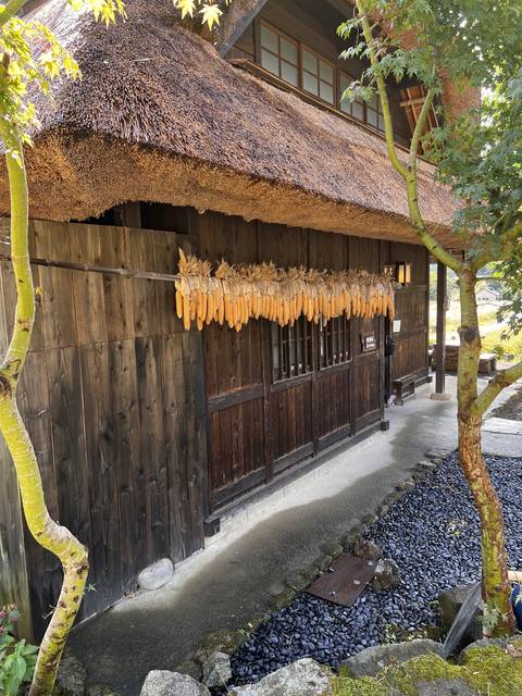       Traditional wooden building with hanging corn.
  