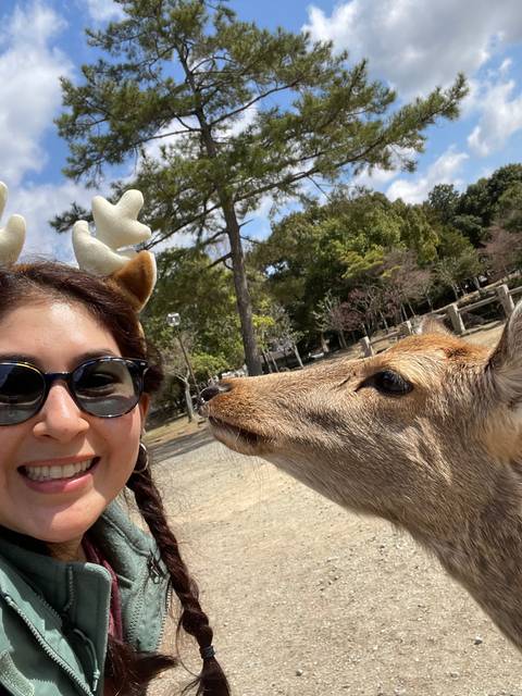       Person taking a selfie with a deer in a park.
  