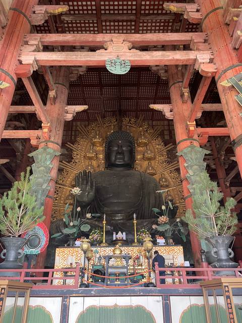       Giant Buddha statue inside a temple.
  