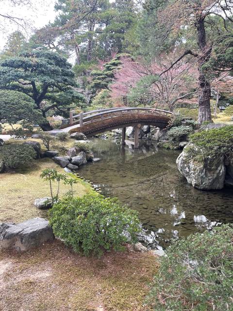       Japanese garden with a small wooden bridge over a stream.
  
