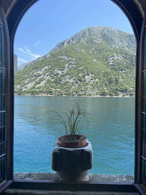 View of mountains through a circular window with a plant