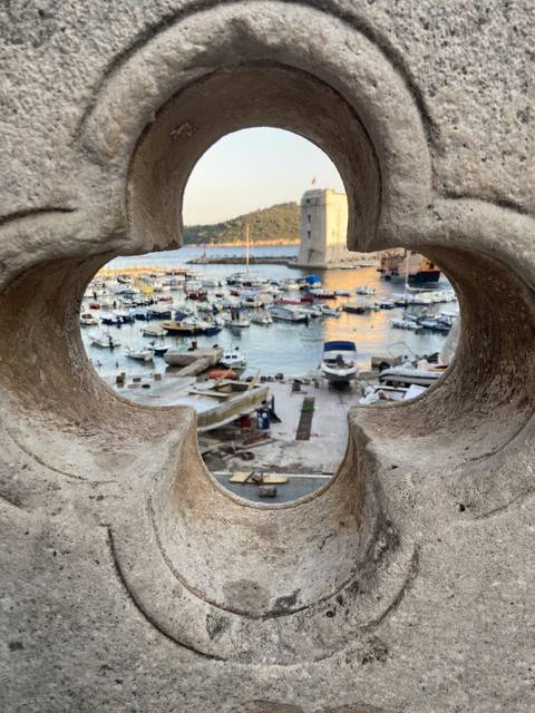 Partial view of a harbor through architectural frame
