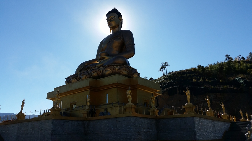       Large Buddha statue in a serene outdoor setting with a clear blue sky.
  
