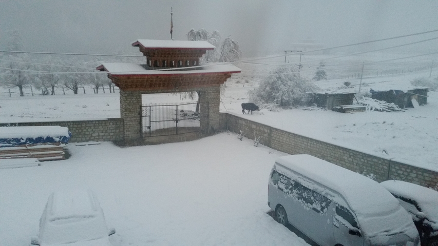       Snow-covered courtyard and cars in a rural area.
  