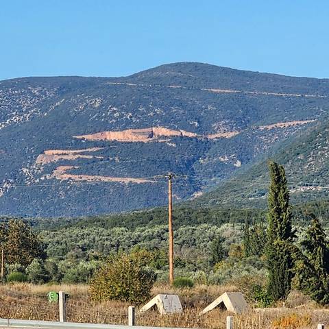      A field with a telegraph pole and distant hills.
  