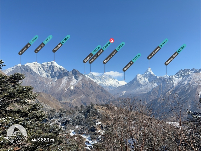 Annotated landscape photo with mountain peaks labeled.