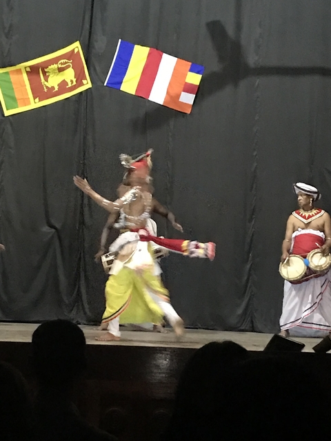       Dancers performing in traditional costumes indoors.
  