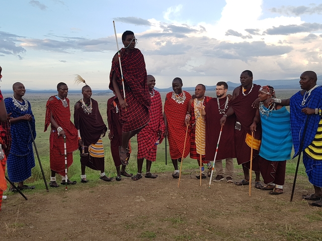       Group of traditionally dressed Maasai men performing a dance.
  