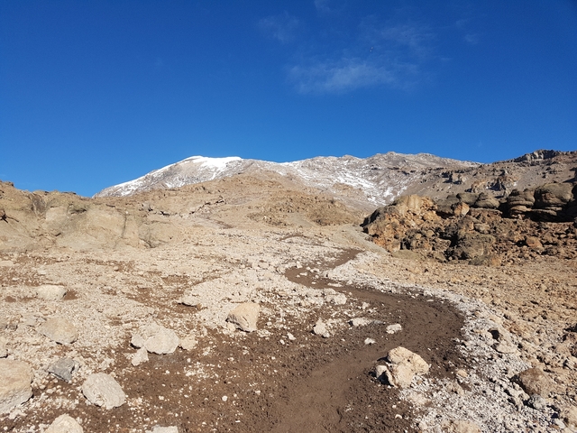 A rocky path leading to a mountain peak.