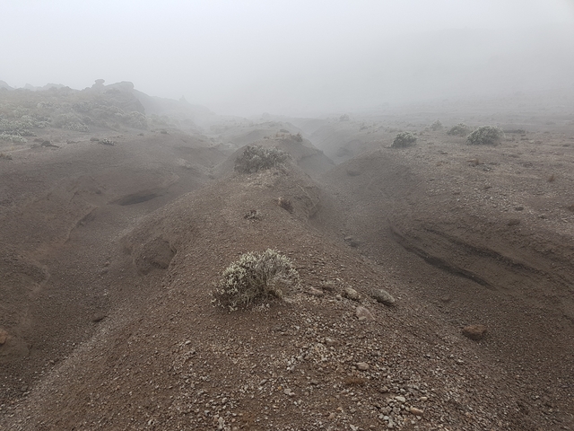 A barren, foggy landscape with erosion.