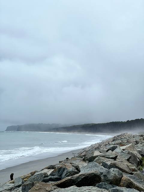       A coastal scene with misty waves hitting the rocks.
  