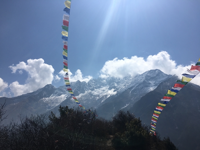 Vibrant prayer flags amidst a snowy mountain backdrop.