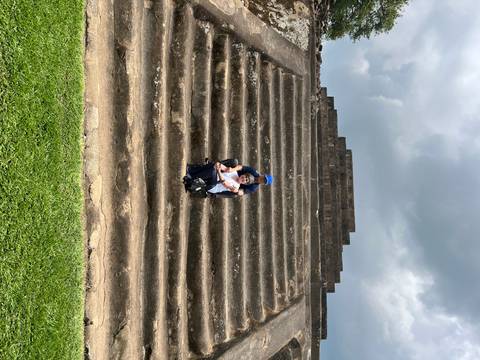       Stone pyramid structure with greenery.
  