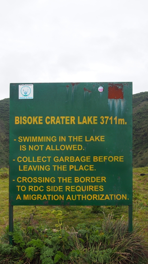       Sign for Bisoke Crater Lake with instructions.
  