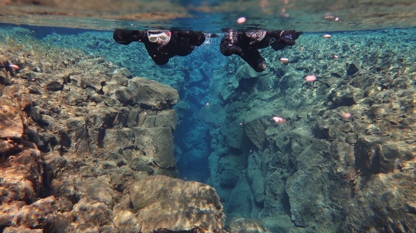 Two people snorkeling underwater in a clear blue river.