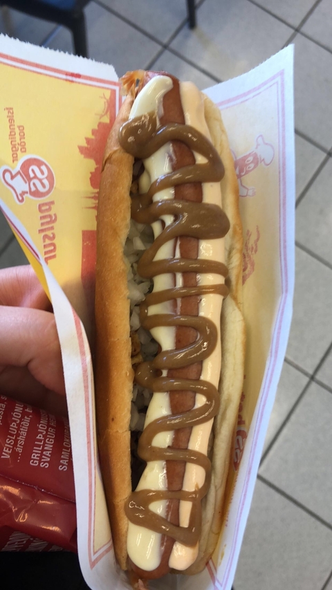 Close-up of a hot dog with various toppings.