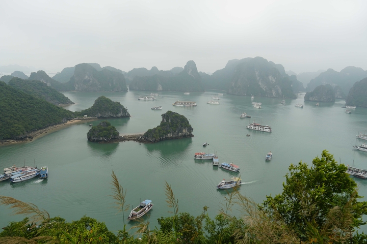 Panoramic view of Halong Bay with boats and karst formations.