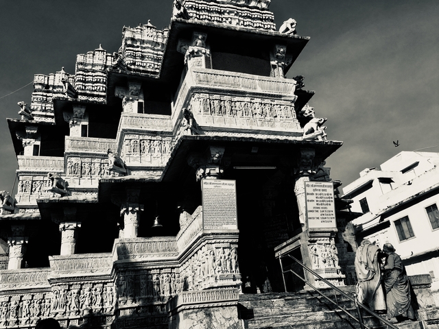       Intricate carvings on a temple building.
  