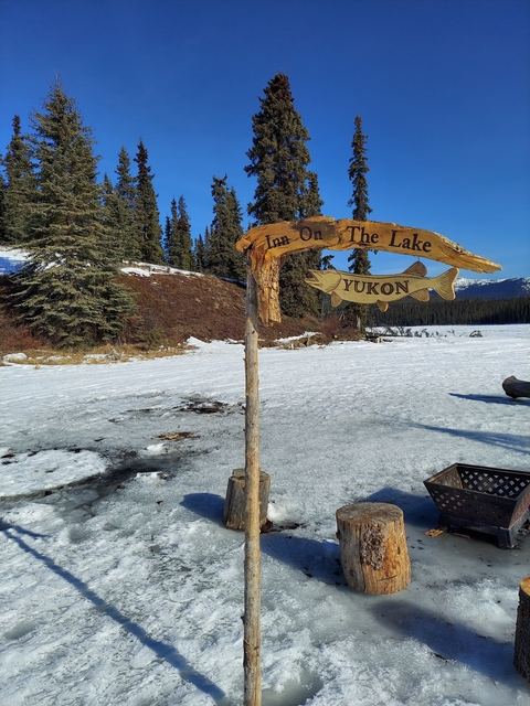 Wooden signpost on a snowy ground with trees around.