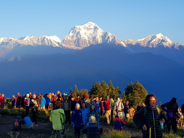 A large group of people standing in front of snow-covered mountains.