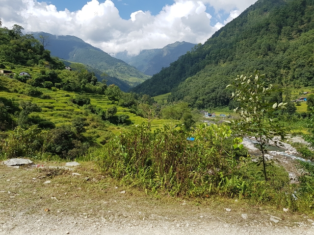 Lush green valley with hills and distant mountains.