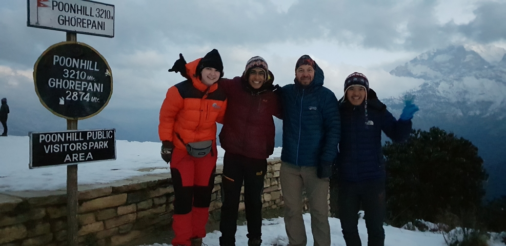       Group of people posing by a sign in a snowy area.
  