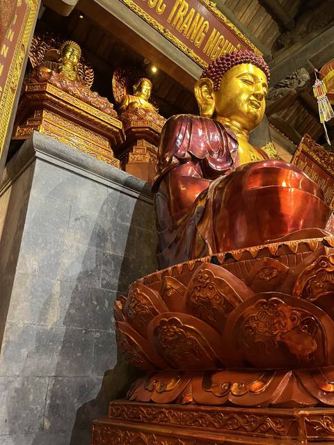 Rows of ornate golden statues indoors.