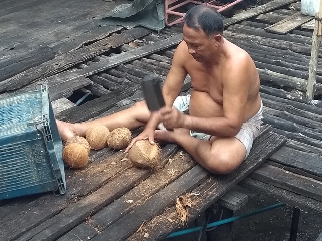 Man handling coconuts with a machete on wooden planks.