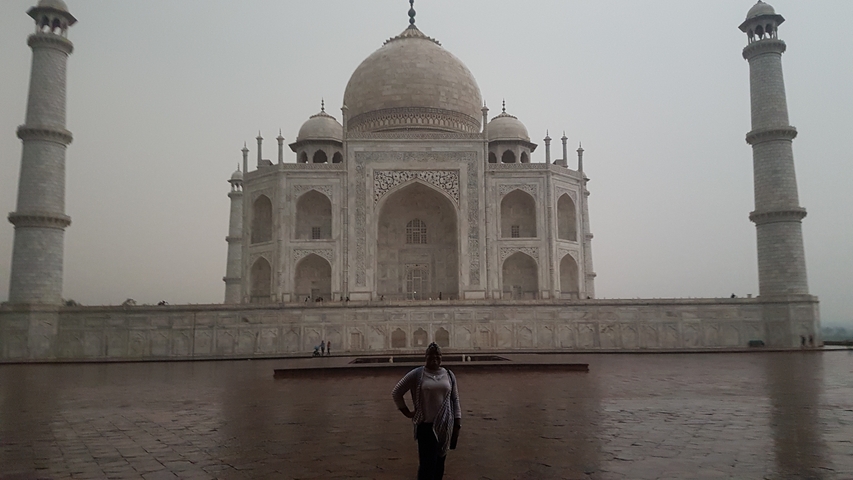       Taj Mahal in the background with a single person.
  