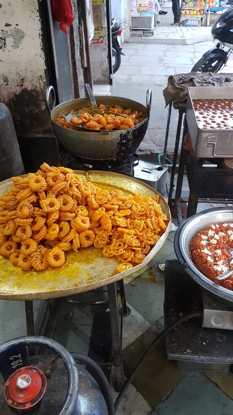 Traditional Indian sweets on display.