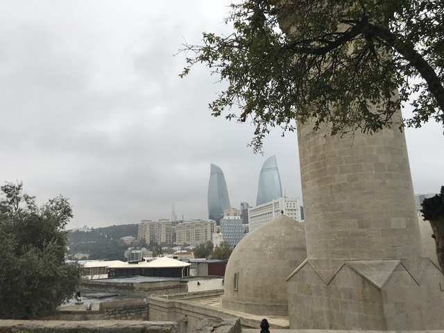 City skyline with modern buildings and a historic tower.