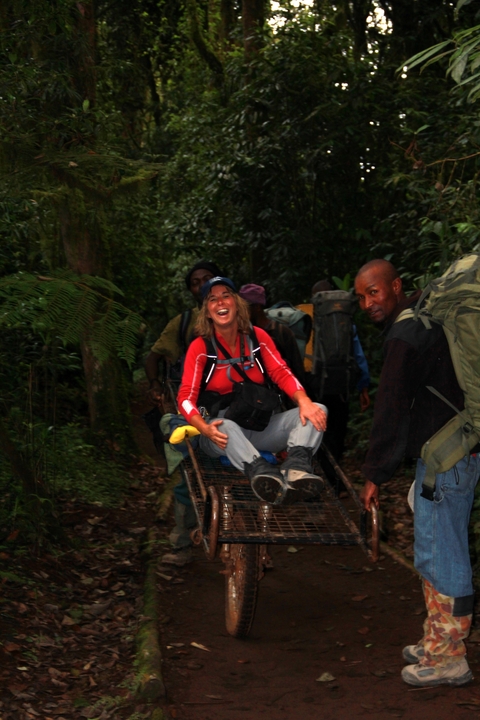       Group of people in the forest, one person smiling
  