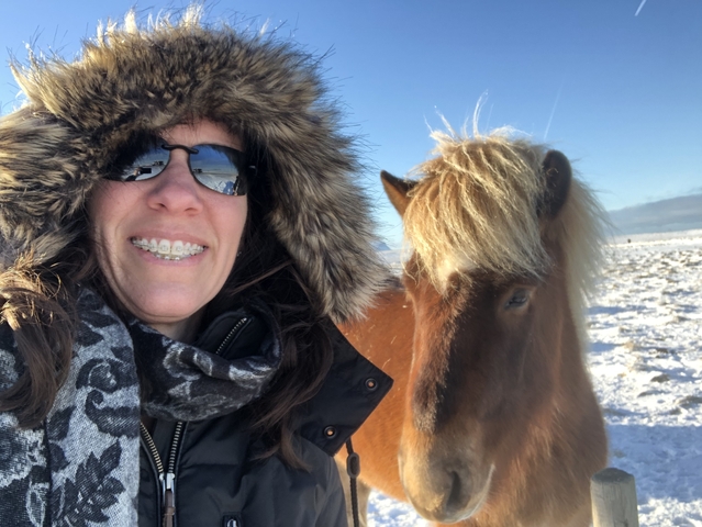       Person with Icelandic horse in a snowy landscape
  