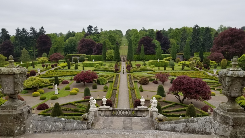 A well-maintained garden with elaborate hedges and pathways.